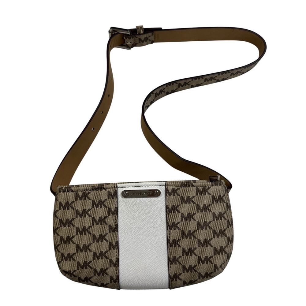 Michael Kors Signature Belt Bag White Stripe Adjustable Strap MK‎ Logo Beige